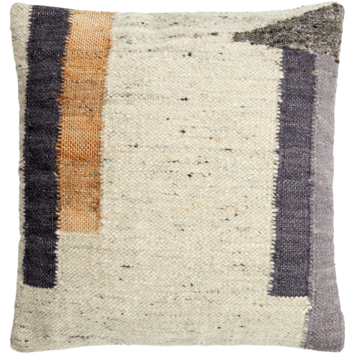 The Autumnal Tapestry Throw Pillow is a rectangular, textured pillow with a woven design predominantly in cream. It features vertical stripes in muted tones of brown and gray, along with a patch of dark gray in the top right corner. The 22x22 luxury feather down insert enhances its earthy, rustic feel with visible weaving details.