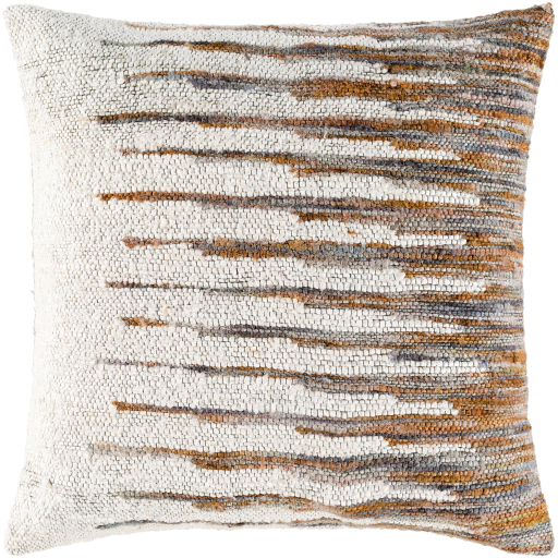 The Rustic Horizon Throw Pillow is a 20x20 square accent piece with a textured, woven surface. The design showcases horizontal stripes in various shades of white, brown, and gray that transition smoothly to create an earthy and rustic aesthetic. Filled with feather down, this luxurious pillow features a slightly coarse fabric for an artisanal look.