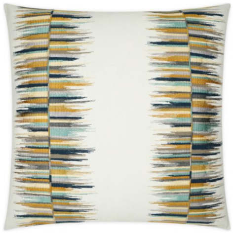 Introducing the Agate Throw Pillow: a stylish square white pillow featuring decorative vertical stripes in blue, teal, yellow, orange, and gray on both sides. These stripes consist of short, uneven brushstroke-like patterns that give the 22x22 pillow a modern and abstract look, while the center remains plain white. Complete with a Feather Down insert for added comfort.