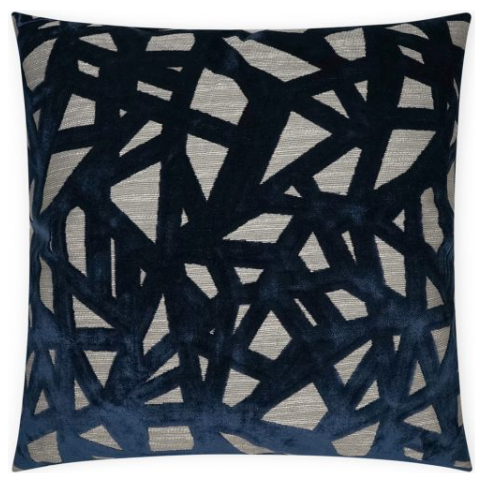 Introducing the Indigo Throw Pillow, a square decorative accent boasting a bold geometric pattern. This chic pillow features a light grey background adorned with an overlay of intersecting navy blue lines that form striking triangular and polygonal shapes. Measuring 22x22 inches, it includes a plush feather down insert for extra comfort, making it an ideal addition to contemporary decor.