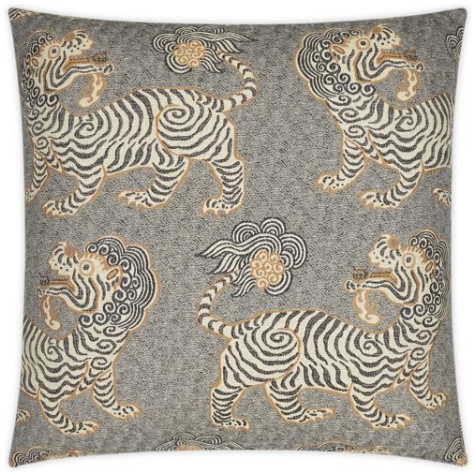 The Nepal Throw Pillow measures 24x24 and showcases an intricate design of stylized, tiger-like creatures. These whimsical creatures are primarily white with black stripes and beige accents, set against a patterned grey background, each featuring flowing manes and cloud-like tails. It includes a Feather Down Insert for added comfort.