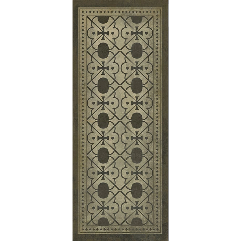 The Baker Street Vinyl Rug features stylish geometric and floral patterns in gray, beige, and brown, with central dark ovals and clover motifs. A slim border and wide brown edge complete its durable rectangular design.