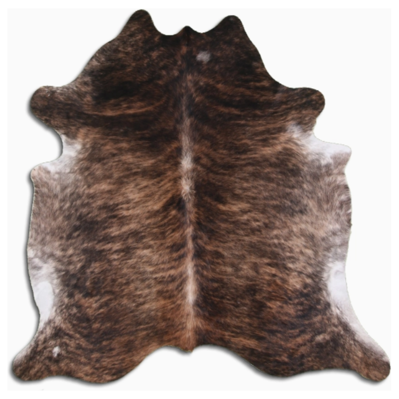 The Brazilian Hair On Hide Rug features a soft brown and white cowhide with a symmetrical brindle pattern. Its natural, irregular edges and blend of dark and light brown hues enhance its organic charm as a home decor piece.