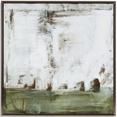 The Seraphina Wall Art is an abstract painting characterized by a predominantly white background adorned with rough, textured brushstrokes. Dark brown and green hues accentuate the bottom and edges, creating a striking contrast. The image exudes a weathered, earthy feel, reminiscent of natural elements. This handcrafted art piece is elegantly framed in a simple, thin solid wood frame.