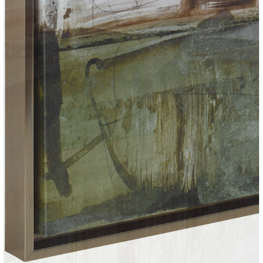 The Seraphina Wall Art is a framed abstract painting characterized by a blend of muddy green and dark brown tones with layered textures. The variation in colors adds depth, evoking an impressionistic landscape with vague, blurred shapes. Subtle brush strokes and splatters contribute to the intricacy of this handcrafted piece. The frame is finished with a sleek, metallic touch.