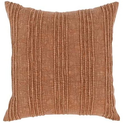 The August Terracotta Throw Pillow features a textured design with vertical ridges on a warm, rust-colored fabric. The fabric has a woven appearance with a mixture of thick and thin fibers, creating a cozy and inviting look. The pillow edges are neatly finished, giving it a clean and polished appearance.