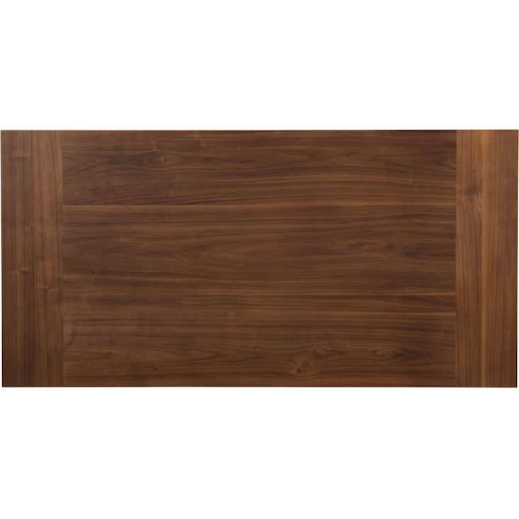 The Soren Walnut Modular Desk boasts a rich brown finish and features walnut veneers that beautifully highlight the grainy texture and subtle color variations of natural wood. Its clean, slightly beveled edges add a polished look to the overall design, making it appear sturdy and well-crafted.