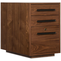 The Soren Walnut Filing Cabinet features three drawers with long black handles, a locking file drawer for security, and a simple modern design that complements any walnut veneers desk or Modular Desk System.