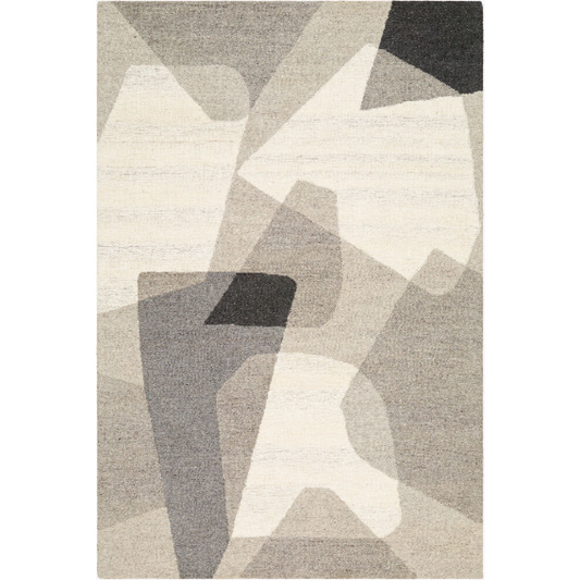 The Valencia Handmade Rug is a rectangular, hand-tufted piece that showcases abstract geometric patterns in varying shades of gray, beige, and white. The overlapping and intersecting shapes create a modern and visually appealing design. Handmade from 100% wool, the rug features a soft texture with varying pile heights that add depth and dimension.