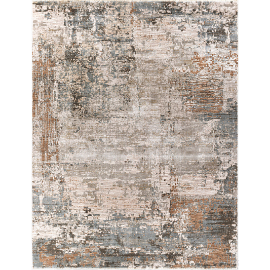 A Somerset Machine Woven Rug with an abstract, distressed design, this durable rectangular area rug features a mix of gray, beige, white, and hints of brown and blue. The textured pattern combines bold and subtle color patches for a vintage, weathered look. Ideal for those seeking a low-maintenance rug option.