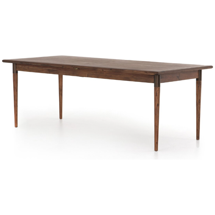 The Teresa Extension Dining Table is a rectangular wooden dining table featuring a dark brown finish and crafted from solid acacia wood. It stands on four tapered legs with a smooth, flat surface, embodying a simple, minimalist design that reflects Scandinavian modernism while showcasing the natural wood grain. The table is photographed against a white background.