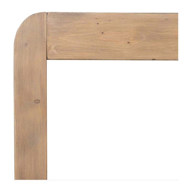Introducing the Lotta Extension Dining Table, which showcases a refined wooden frame corner comprised of horizontal and vertical beams. It boasts a smooth, light brown finish that conjures the charm of reclaimed wood. Its top left corner is uniquely rounded, offering a subtle contrast to its otherwise rectangular form. The visible wood grain infuses texture and warmth into the minimalist design against a white backdrop.