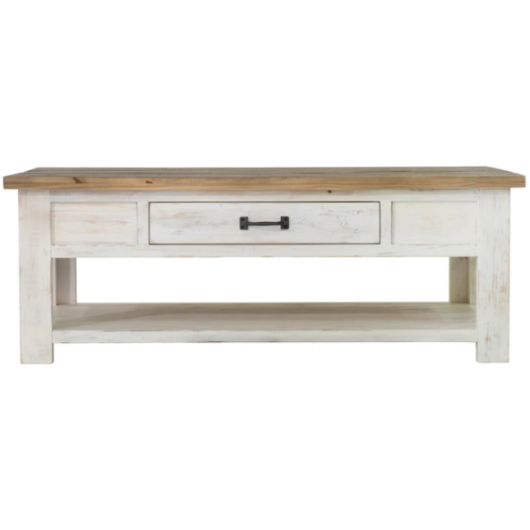 The Provence Coffee Table features a rustic design with a distressed white base and a natural wood top. It includes three front drawers adorned with central metal handles and an open lower shelf ideal for storage or display. Infused with rustic charm, its simplistic yet functional design complements various decor styles.