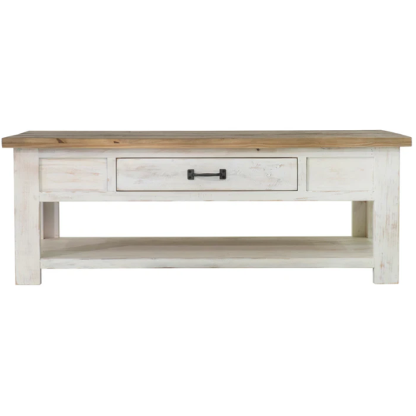 The Provence Coffee Table features a rustic design with a distressed white base and a natural wood top. It includes three front drawers adorned with central metal handles and an open lower shelf ideal for storage or display. Infused with rustic charm, its simplistic yet functional design complements various decor styles.