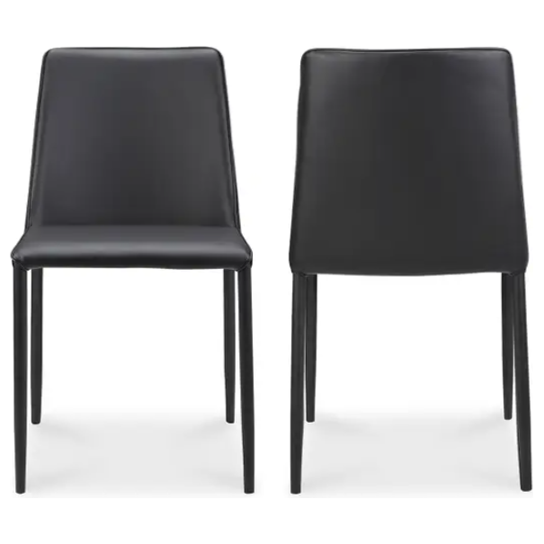 A pair of Nadia Dining Chairs in black showcase a modern design with sleek, straight backs and slender legs. These chairs exude minimalist charm and are upholstered in vegan leather. Displayed side by side on a white background, one chair is slightly angled to the left to create visual intrigue.