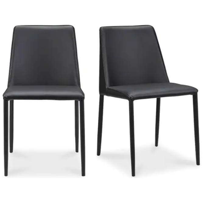 Two Nadia Dining Chairs feature a modern design with sleek black vegan leather upholstery. Their simple, straight backs and slender legs offer an elegant and minimalist look. Arranged side by side against a white background, these chairs enhance any dining space.