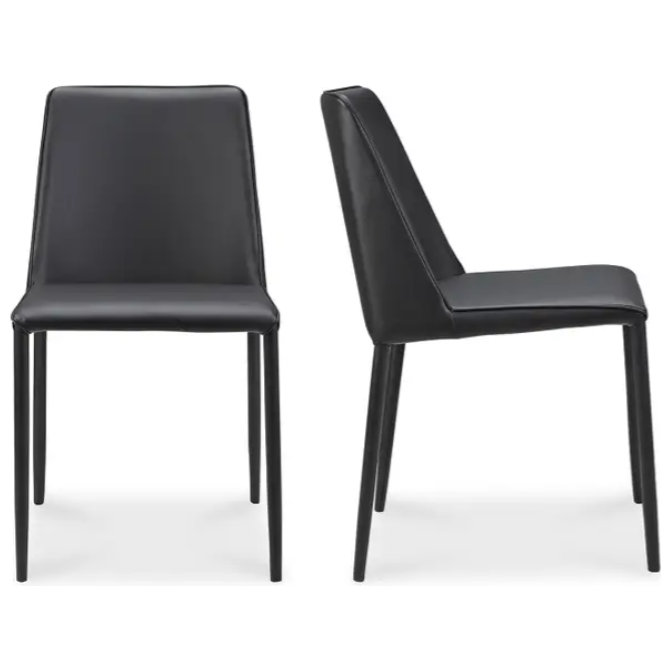 Introducing the Nadia Dining Chair—a seamless fusion of modern design and comfort. These chairs feature sleek, minimalist lines and boast vegan leather upholstery for an elegant appeal. With smooth, padded backrests and seats supported by slender, tapered legs, they set a new standard in contemporary style.