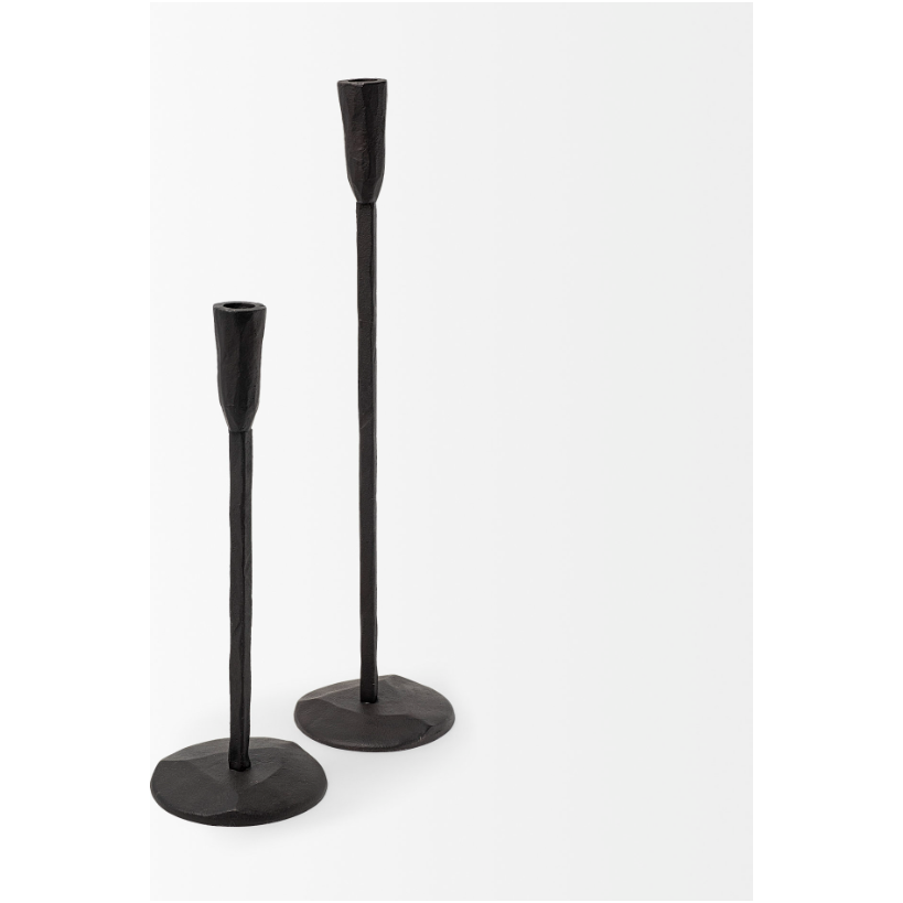 Two Levi Iron Candlesticks stand against a white background. Each features a small, narrow base and a slender, cylindrical stem supporting a slightly flared cup at the top. The difference in height adds to their rustic elegance, making these stylish candlesticks perfect for any modern setting.