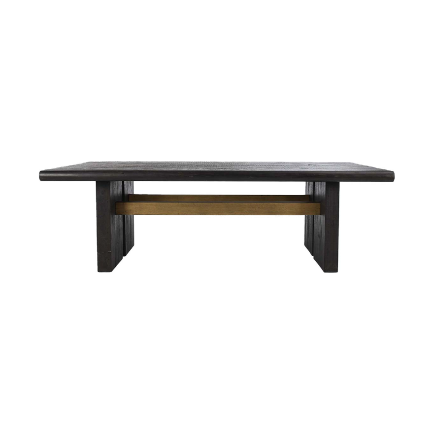 The Echo Reclaimed 96" Dining Table is a rectangular, dark-stained wooden table featuring clean lines and a minimalist design. This elegant piece has four sturdy legs with a light wooden support beam running horizontally between them near the base. The contrast between the dark and light wood adds an elegant, sustainable touch.