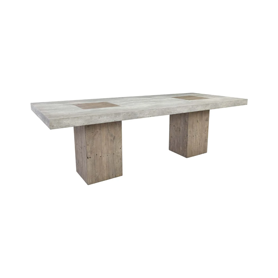 The Arizona Concrete 94" Dining Table features a minimalist design with a sleek grey surface accentuated by two inlaid wooden sections. Its wide, matching wooden legs provide sturdy support, effortlessly merging modern and industrial styles.