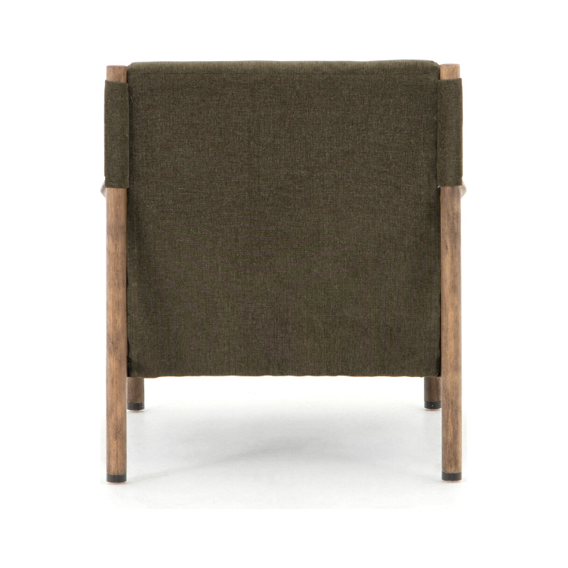 The Julius Accent Chair boasts a dark green chenille upholstery with a modern design. Its back features a rectangular shape, supported by a sturdy frame and slightly tapered wooden legs in natural finish, elegantly contrasting the deep green fabric.