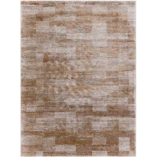 The Sahara Machine-Woven Rug is a rectangular area rug showcasing a modern abstract design with a pixelated pattern in varying shades of brown and beige. It has a soft texture with a slight gloss that adds a subtle sheen, complemented by its straight, even edges for enhanced durability.