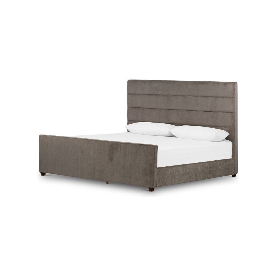 Introducing the Seraphine Bed: a modern masterpiece with a luxurious, upholstered design. It boasts an elegant headboard covered in gray fabric, characterized by a high rectangular profile with horizontal tufting. Accompanied by a matching footboard and pristine white bedding, this bed radiates sophistication on a white canvas.