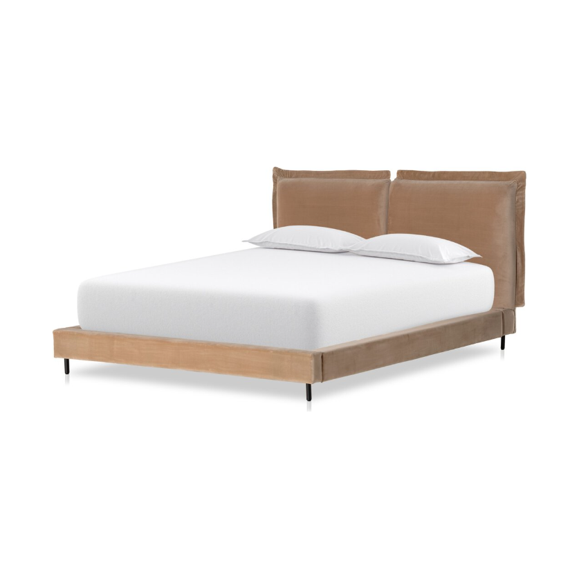 The Ashford Estate Bed features a minimalist wooden design with a comfortable light brown headboard, complemented by a white mattress and pillows. Its sleek black metal legs provide sturdy support, seamlessly combining modern elegance with luxurious bedroom style.