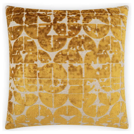 The Brava Throw Pillow features a golden yellow and white geometric pattern with overlapping circles and grid shapes. Its soft, velvety fabric has a subtle sheen and includes a plush Feather Down Insert for added comfort.
