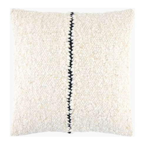 The Rocco Throw Pillow features a square design with textured, nubby white fabric and a vertical black zigzag stripe. The plushness is enhanced by a feather down insert, while the black stripe offers bold contrast against the creamy texture for a modern look on a plain white background.