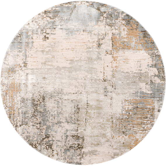 The Somerset Machine Woven Rug is a circular area rug adorned with an abstract pattern in neutral tones such as beige, gray, and white, accented by muted blue and gold. Designed to have a textured and weathered appearance for a distressed look, this durable rug seamlessly blends smooth and rough patches for low-maintenance elegance.