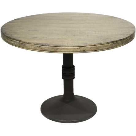 The Sadie 42" Round Counter Table boasts a rustic, light wood finish and features a round wooden top with a slightly distressed look for added charm. It is supported by a single central black iron pedestal base with a circular bottom, providing sturdy support and enhancing its rustic appeal.