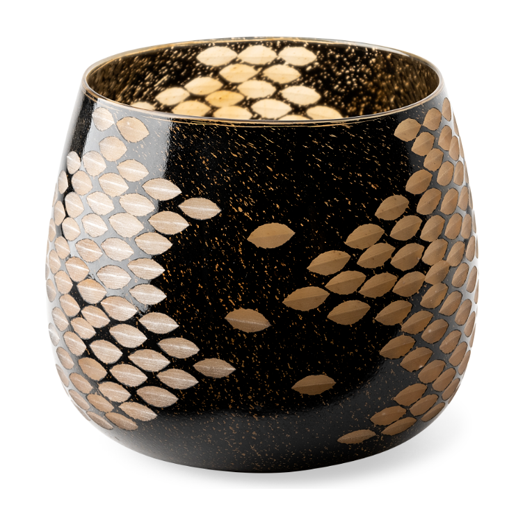 Introducing the Marina Black and Gold Glass Vase: a stunning piece featuring a wide opening with intricate leaf-like metallic patterns in silver tones. Its elegant design creates a symmetrical, swirling effect around the vase, further enhanced by its glossy finish and reflective quality. This sophisticated black glass vase with gold details adds depth and charm to any setting.