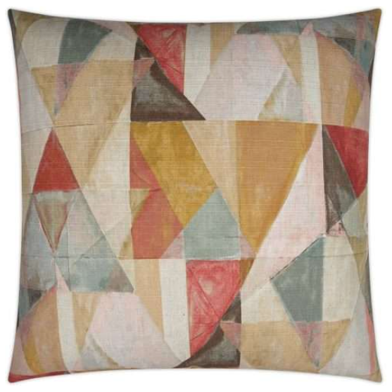 The Trent Throw Pillow is a square decorative piece showcasing a geometric pattern that includes a variety of triangles and quadrilaterals. The shapes are presented in muted shades of red, pink, yellow, blue, and green. Measuring 22x22 inches, this pillow has a vintage, abstract aesthetic with added textures and gradients. It also comes with a feather down insert for enhanced comfort.