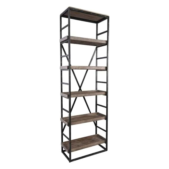 Introducing the Eva Bookshelf: a tall, freestanding unit featuring a sleek iron frame and six rustic mango wood shelves. It includes X-shaped metal supports on the back for added stability, offering an industrial and minimalist style that seamlessly fits into various home or office settings.