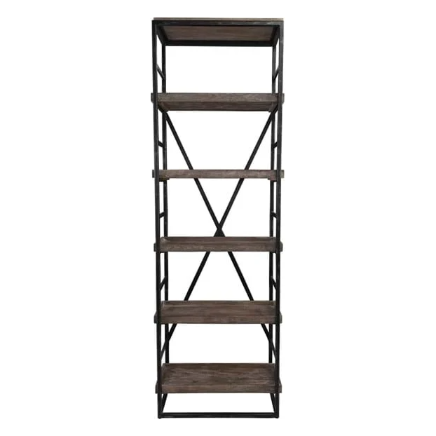 Introducing the Eva Bookshelf, which features a tall, industrial design with six mango wood shelves supported by a robust black iron frame. Its sides showcase open rectangular supports, complemented by X-shaped metal braces on the back for added stability. The shelves display a weathered, rustic finish that brings unique character to any room.