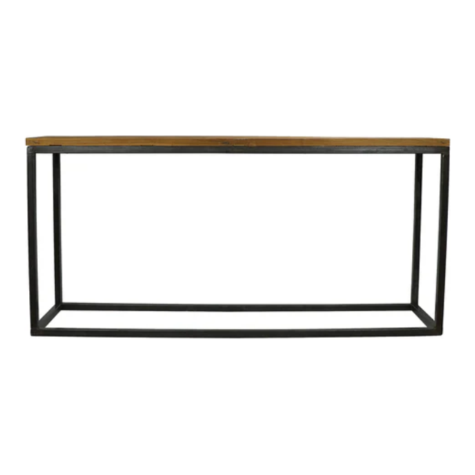 The Elm Door Console Table features a minimalist design with a narrow rectangular top made from reconstructed elm doors, supported by an elegant black metal frame. Its open and geometric structure exudes industrial elegance, showcasing straight lines and a modern simplicity that adds character to any space.