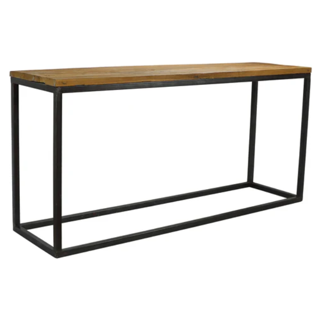 The Elm Door Console Table showcases a blend of industrial style and elegance with its rectangular top, skillfully crafted from reimagined elm doors. Its sleek metal frame highlights clean lines, offering a striking contrast between the dark metal and the light wood surface.