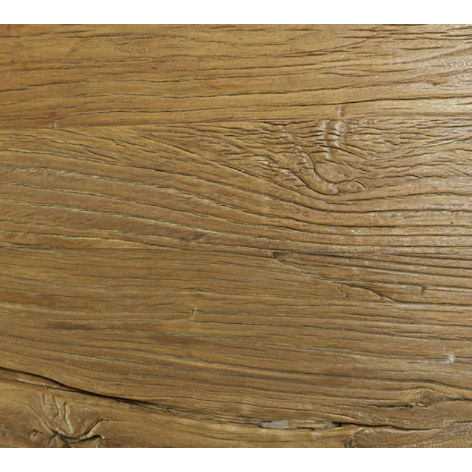 Close-up of a wooden surface with a detailed, textured grain pattern reminiscent of the Elm Door Console Table. The wood is a warm brown color, displaying a natural finish. Visible lines and grooves create an industrial elegance with small cracks adding to the organic, aged look of the material.