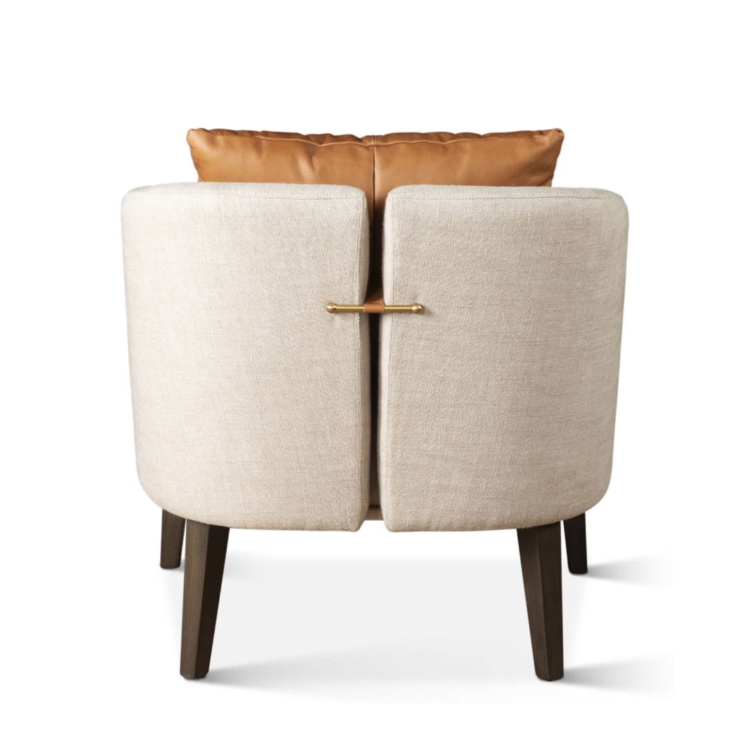 Serenity Beige Linen Accent Chair with Tan Leather Pillow