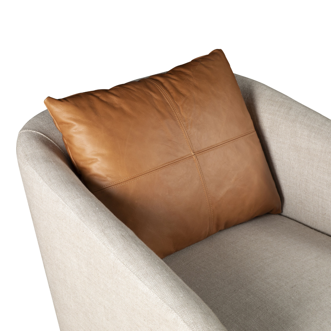 Serenity Beige Linen Accent Chair with Tan Leather Pillow