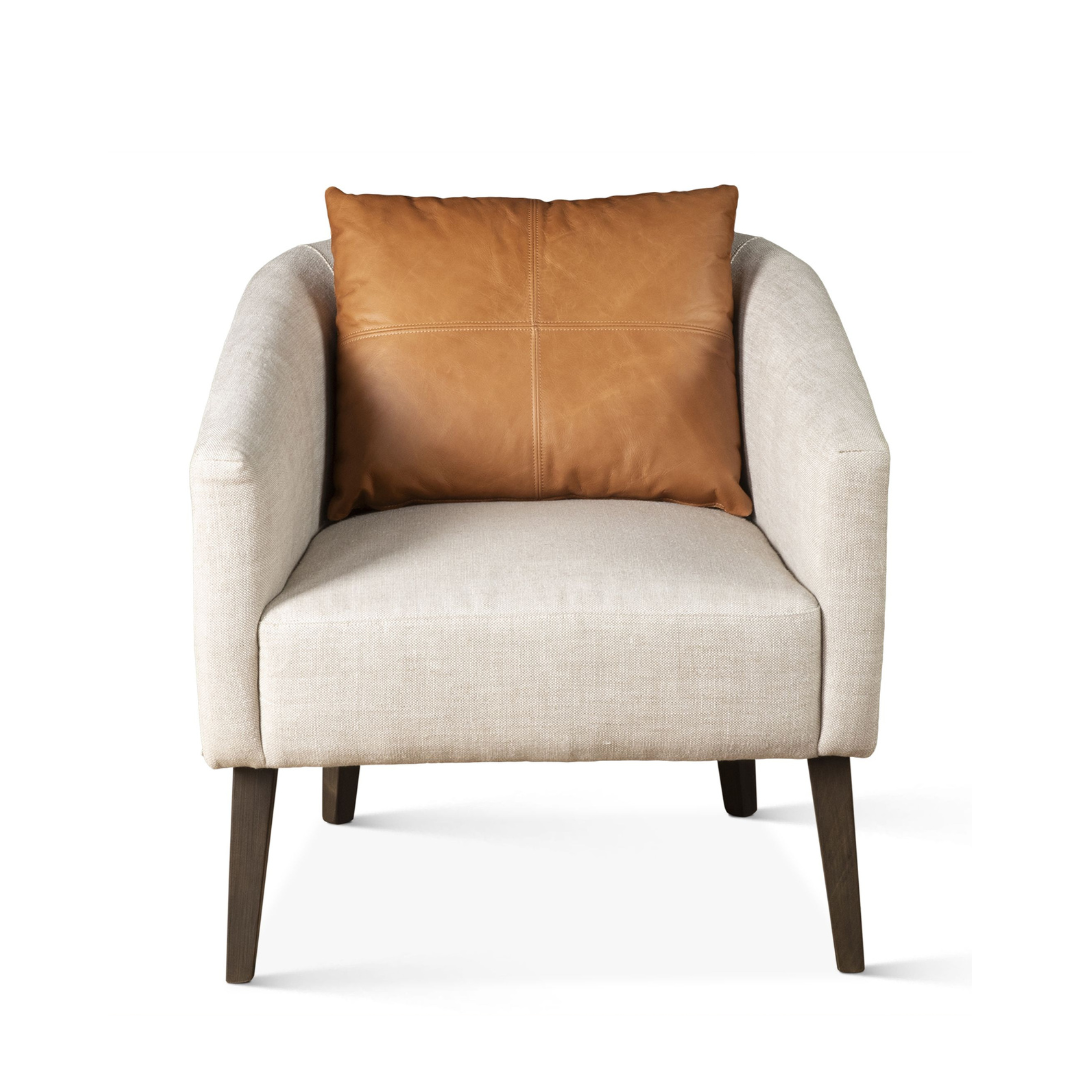 Serenity Beige Linen Accent Chair with Tan Leather Pillow