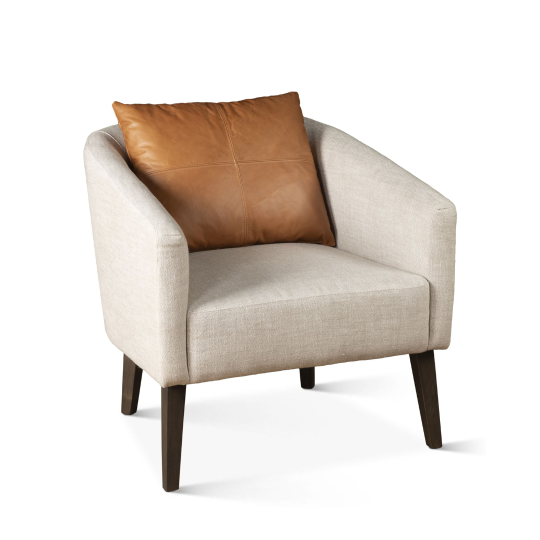Serenity Beige Linen Accent Chair with Tan Leather Pillow