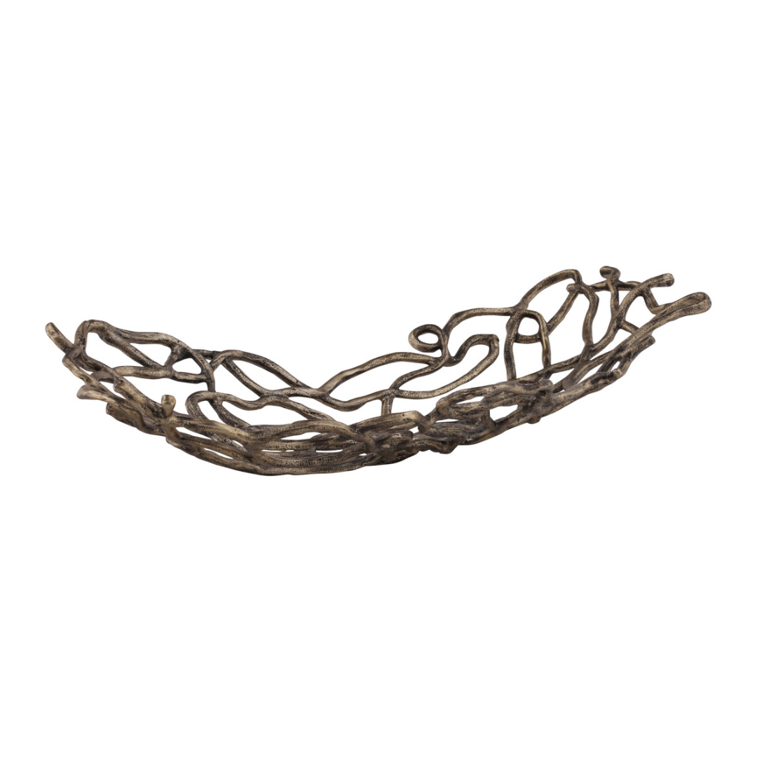 Sculptural bronze branch bowl with organic winding silhouette, perfect as a high-end centerpiece or decorative accent.