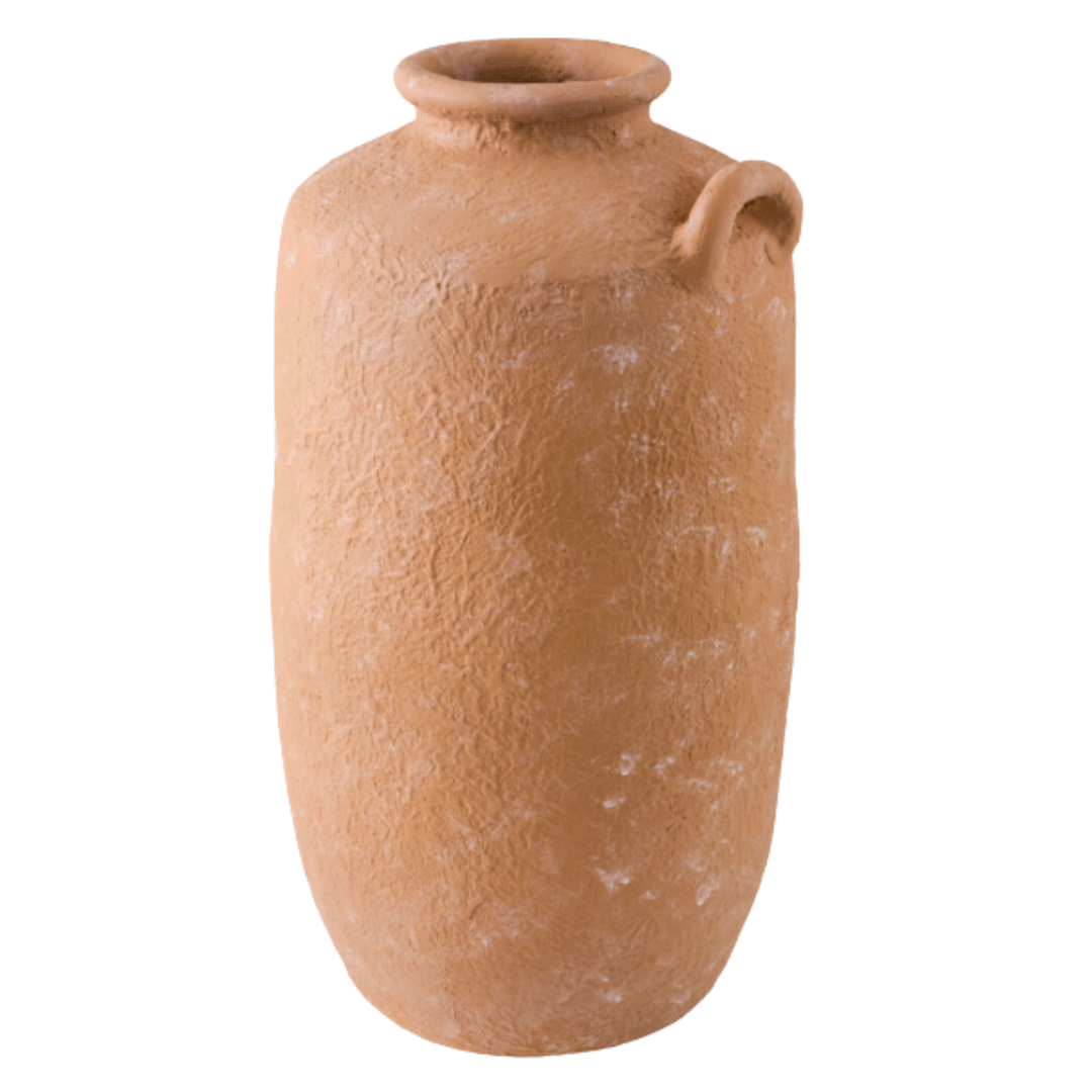 The Solterra Grande Terracotta Vase is tall and cylindrical with a narrow rim, a small looped handle near the top, and an earthy terracotta finish. Its rough, handmade look makes it an ideal sculptural accent for entryways. Shown on a plain white background.