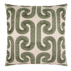 The Sorella Embroidered Throw Pillow features a 22"x22" cream background with raised embroidered green interlocking curved lines and a feather down insert for added comfort and support.