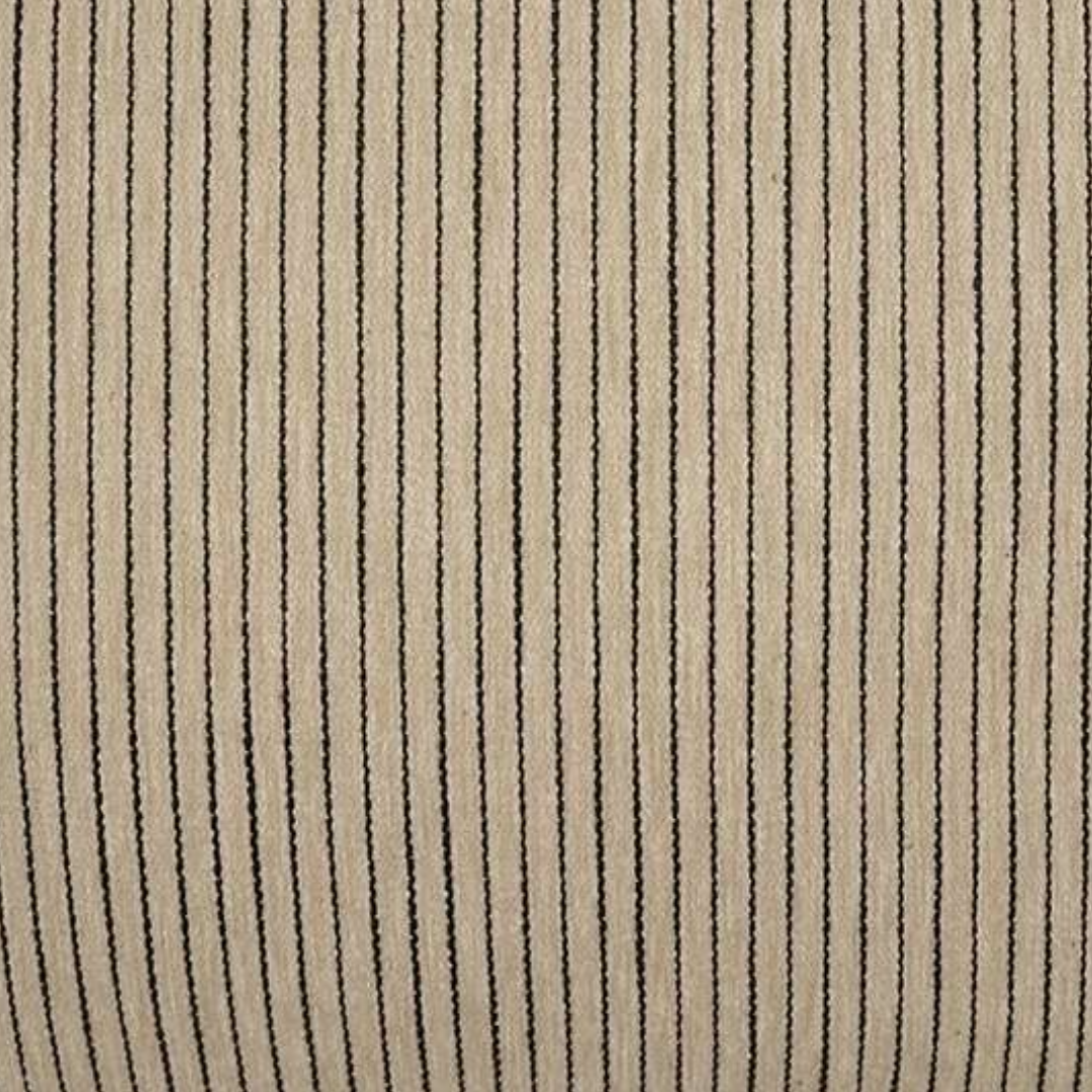 Close-up of Striped Neutral Throw Pillow, featuring beige fabric with thin vertical black stripes and a soft, subtly ribbed corduroy texture. Sized 24" x 24" with a Luxury Feather and Down Insert for enhanced comfort.