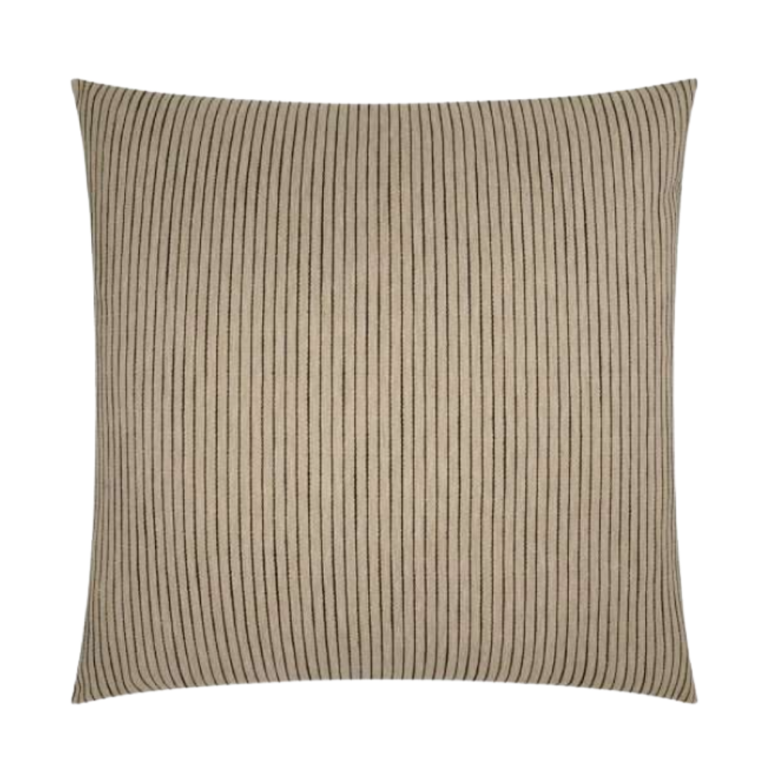 The Striped Neutral Throw Pillow measures 24" x 24", featuring a beige background with thin vertical black stripes, subtly textured fabric, slightly rounded edges, and a luxurious feather and down insert. Shown on white background.