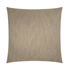 The Striped Neutral Throw Pillow measures 24" x 24", featuring a beige background with thin vertical black stripes, subtly textured fabric, slightly rounded edges, and a luxurious feather and down insert. Shown on white background.