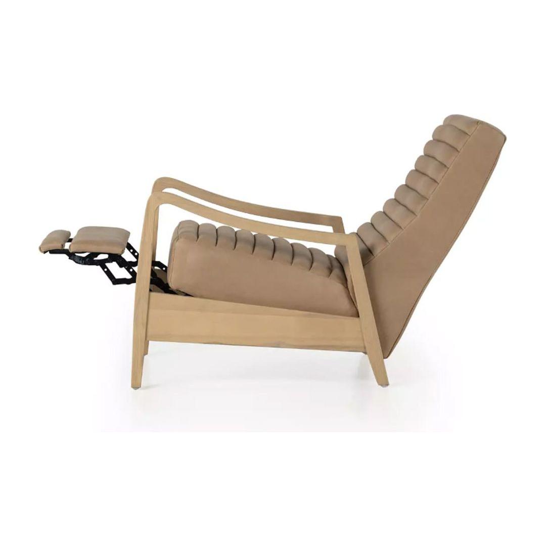The Terra Leather Recliner, Nude, features a modern push design with a light wooden frame, tan padded upholstery, and ribbed cushioning. Shown reclined with an extended footrest and angled backrest against a white background.